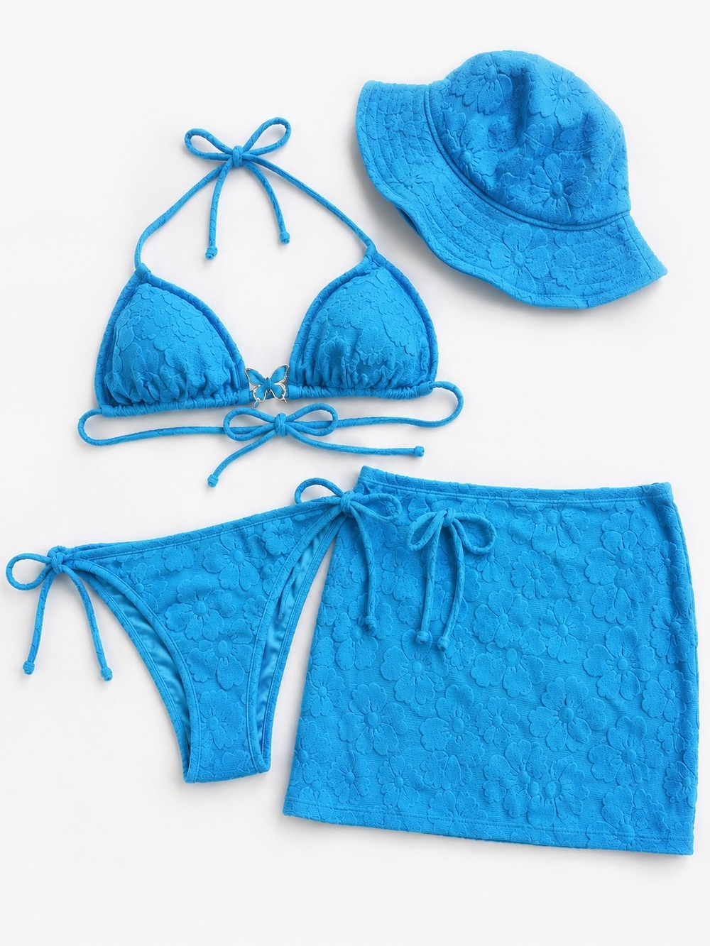 Fashion Nova Blue Floral Crochet Triangle Bikini Set with Skirt & Bucket Hat